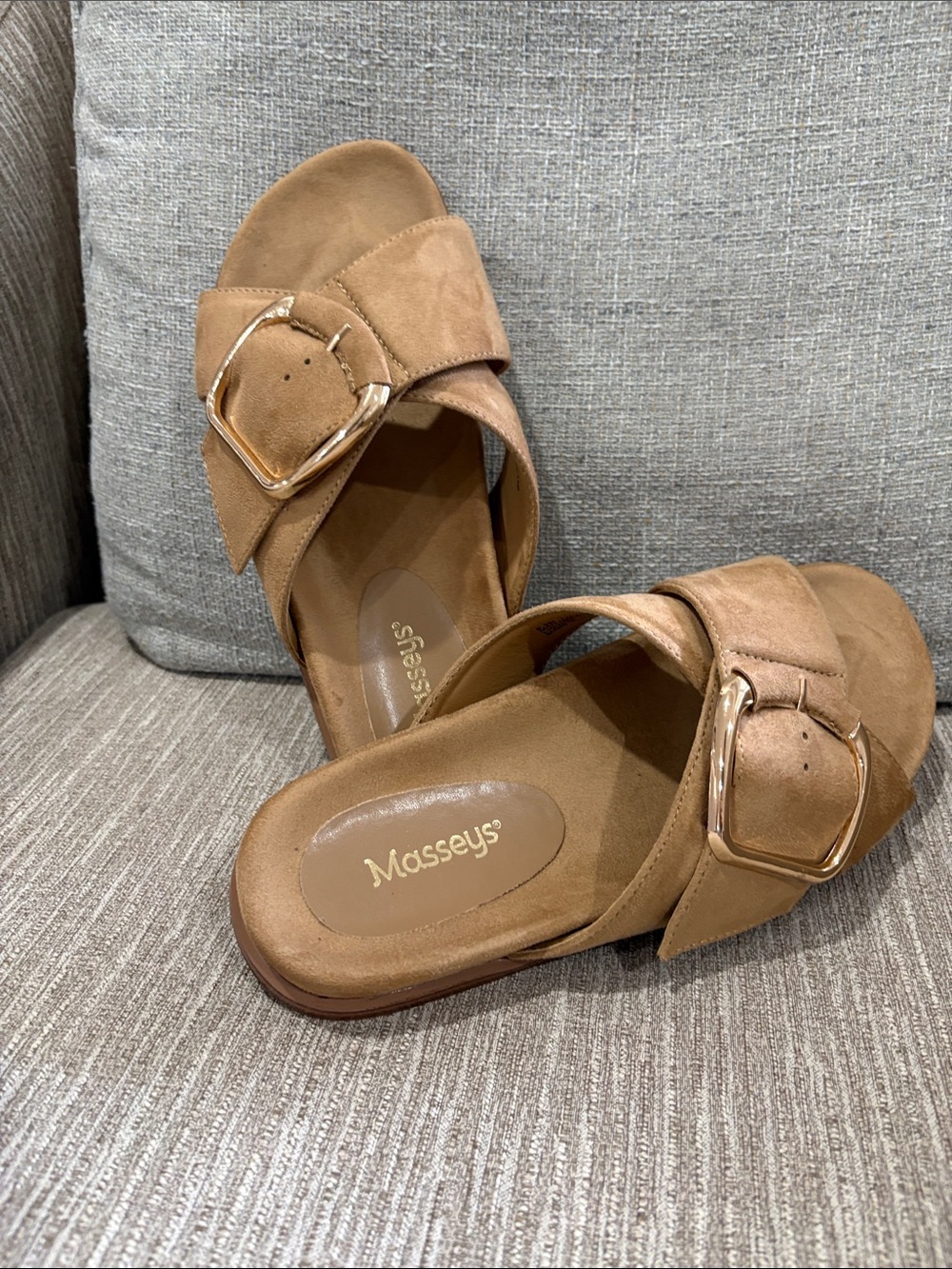 Tan Suede Buckle Slide Mules